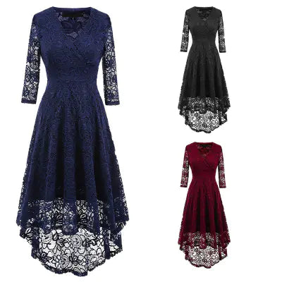 Lace Cocktail Dress with V-Neck, 3/4 Sleeve Design