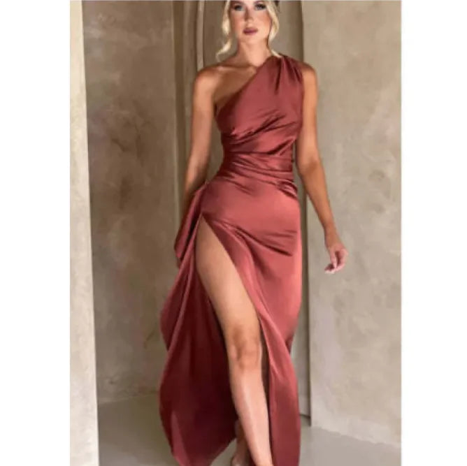 Sexy One-shoulder Backless Slit Dress Summer Elegant Slim-fit Solid Color Satin Dresses For Women