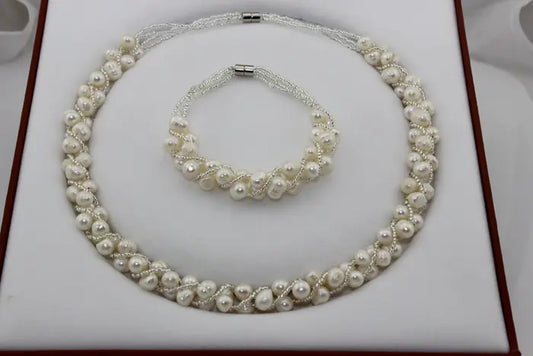 Bride Pearl Jewelry Set with Necklace and Bracelet