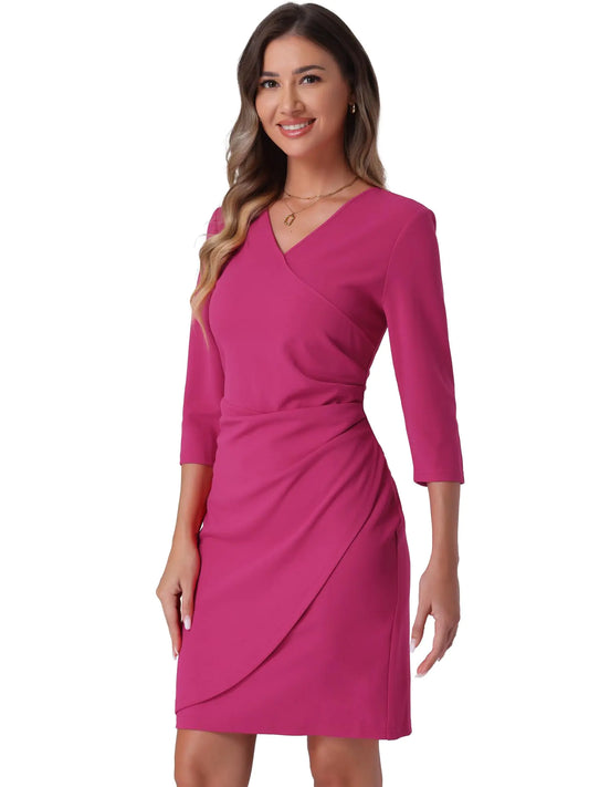 Allegra K Elegant Work Dress for Womens 3/4 Sleeve Faux Wrap V Neck Wedding Guest Sheath Dresses Large Hot Pink