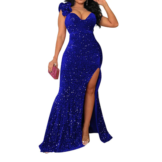 Cololura Women Sexy Elegant Sequin High Split Ruffled Hem Mermaid Party Cocktail Bodycon Formal Evening Gowns Maxi Dress Blue
