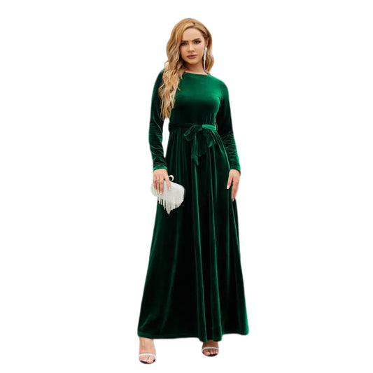 ABEHIK Fall Winter Velvet Dress for Women Long Sleeve Round Neck Elegant A Line Flowy Maxi Dress with Belt Casual Formal Cocktail Wedding Guest Evening Party Midi Dress Green L