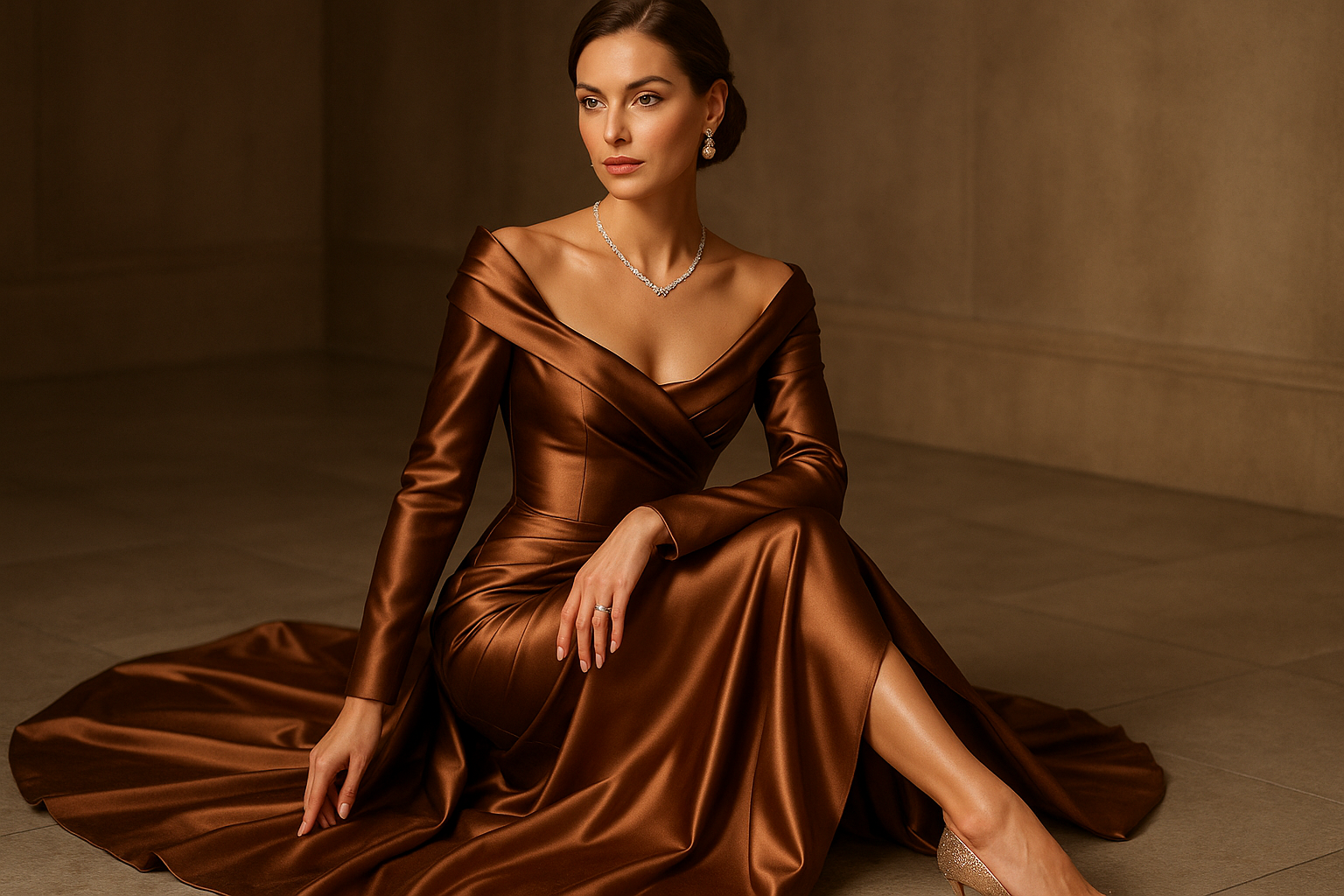 realistic woman wearing high end dress, jewelry and shoes