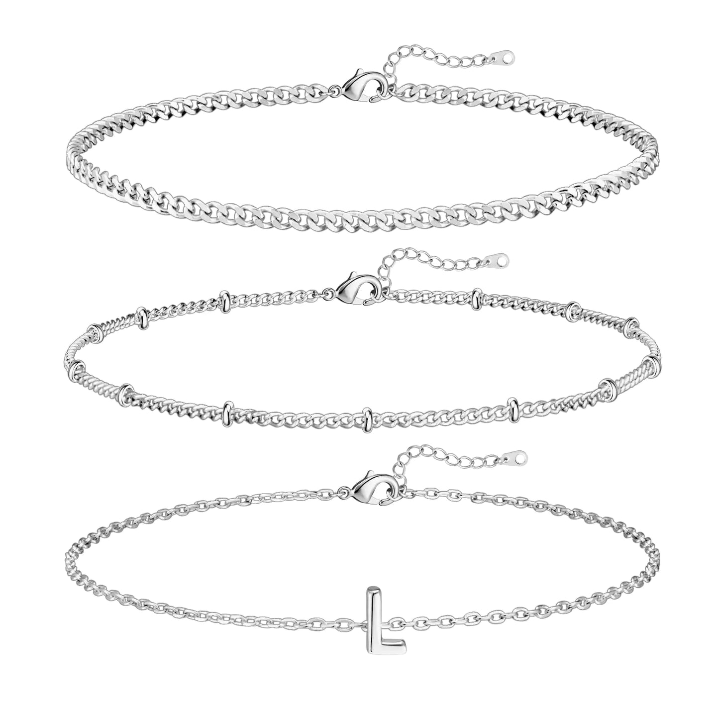 Besalon Silver Bracelets for Women14K White Gold Initial Bracelets for Women Link Charm Silver Bracelet Stack Waterproof Jewelry for Women Trendy Minimalist Simple Bracelet Set Jewelry Gift