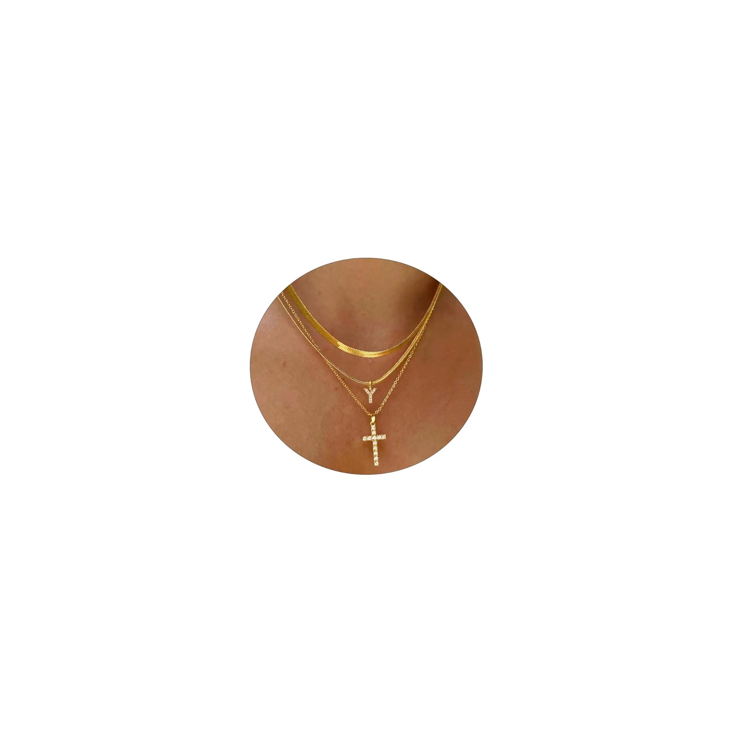 Feskive Layered Gold Necklaces for Women，Stackable 14K Gold Plated Tiny Initial Necklaces Simple CZ Cross necklace Dainty Layered Necklace Different Length Pendant Necklace Gold Jewelry Set for Women