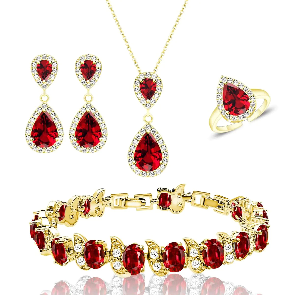 LMXXVJ Created Red Garnet 18K Gold Plated Jewelry Set For WomenRed Cubic Zirconia Necklace Ring Stud Earrings Bracelet Costume Jewelry Set Gifts
