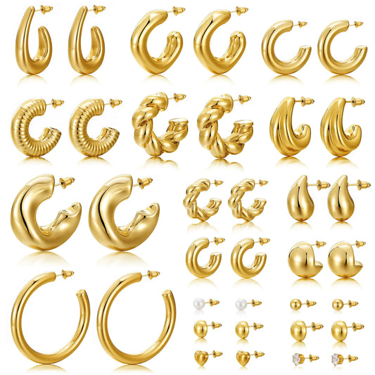 KISS WIFE Chunky Gold Earrings 18 Pairs Chunky Gold Hoops Set Gold Jewelry for Women Christmas Gift