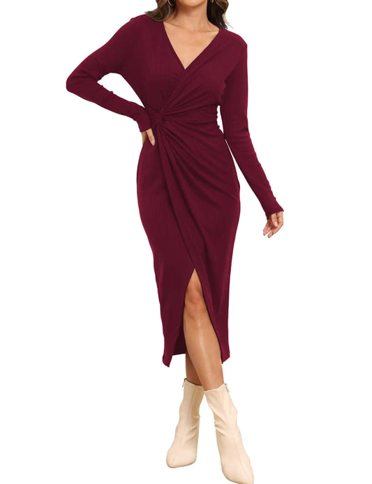 Hount Women Winter Wedding Sweater Dresses Elastic Slim Fit Cocktail Party Evening Long Dresses with Slit (Wine RedM)