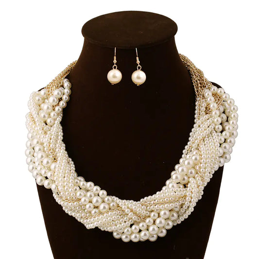 Bridal Jewelry Set with Layered Pearl Necklace & Earrings