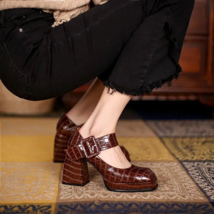 Embossed Cowhide Women's Thick Heel High Heels