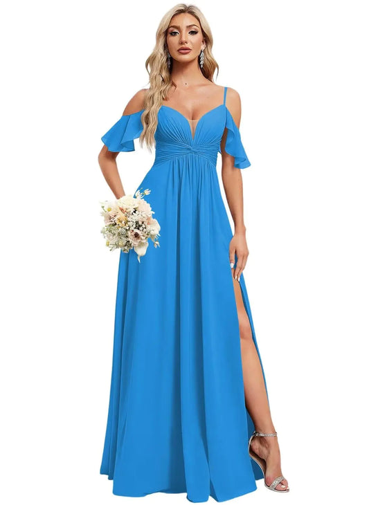 Ocean Blue Cold Shoulder Bridesmaid Dresses Long for Women Elegant Chiffon A-Line Empire Waist Party Dress with Silt 16