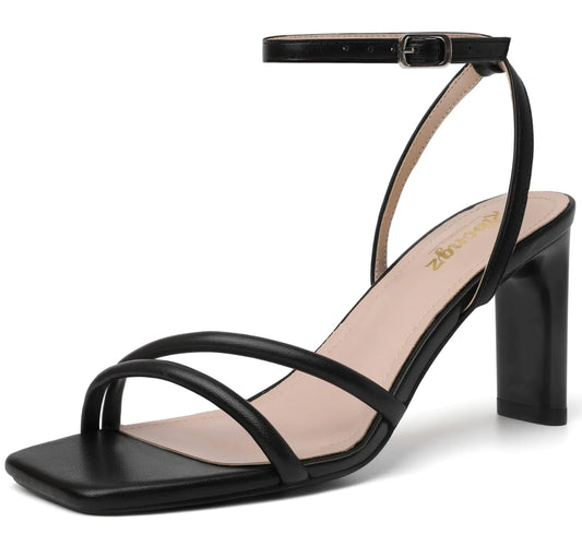 RIBONGZ Womens Black Strappy Heels Square Open Toe High Heels for Women Ankle Strap Chunky Heeled Sandals Wedding Bridal Shoes Comfort Block High Heels Dress Party Shoes 10