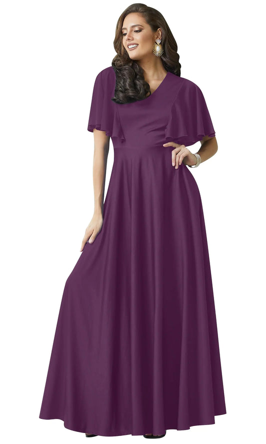 KOH KOH Womens Short Sleeve Ruffle Elegant Modest Dressy Wedding Guest Prom Bridesmaid Cocktail Party Flowy Long Tall Formal Maxi Dress Gown Purple L 12-14