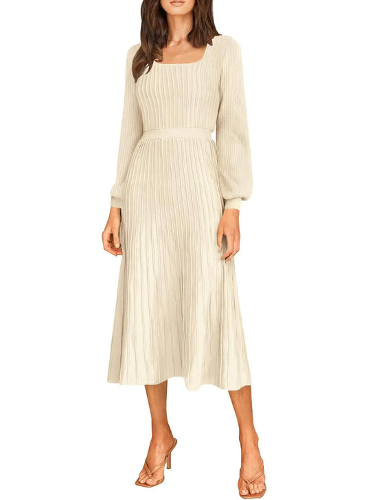 Womens Sweater Dresses Midi Fall Dress Long Sleeve Elegant Ribbed Apricot L
