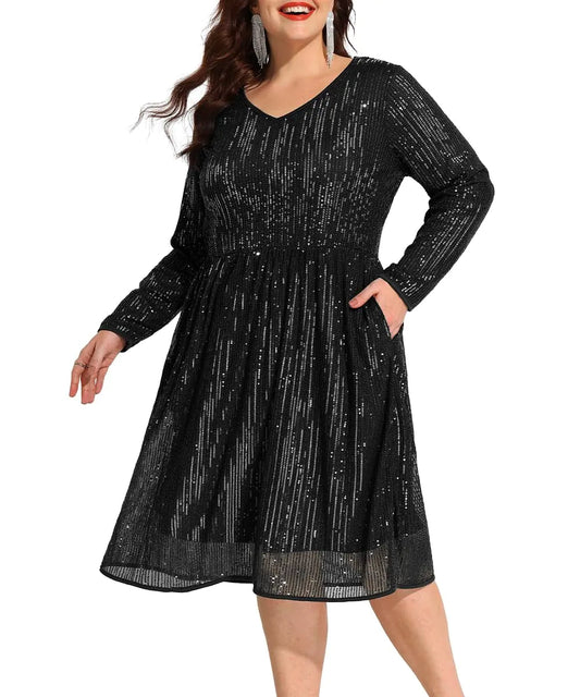 CARCOS Plus Size Sequin Dresses for Curvy Women Black Glitter Sparkle Dress V Neck Elegant Party Dress Fall Club Dresses Evening Cocktail Dress 2XL 18W 20W