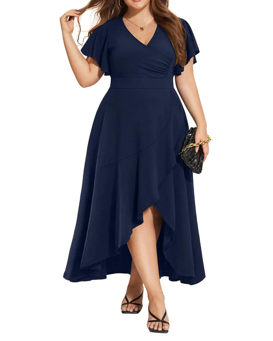 Women Plus Size Wedding Guest Dresses Navy Formal Maxi Wrap V Neck Elegant Evening High Low Split Ruffle Long Dress