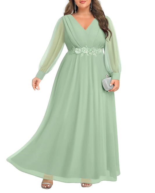 Pinup Fashion Women Plus Size Bridesmaid Dresses Sage Green Long Sleeve Evening Chiffon Elegant Wrap V Neck Ruched A-Line Maxi Dress