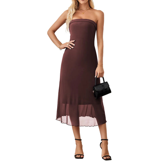 Womens Summer Bodycon Midi Tube Dress Strapless Mesh Casual Elegant Party Cocktail Dresses Brown