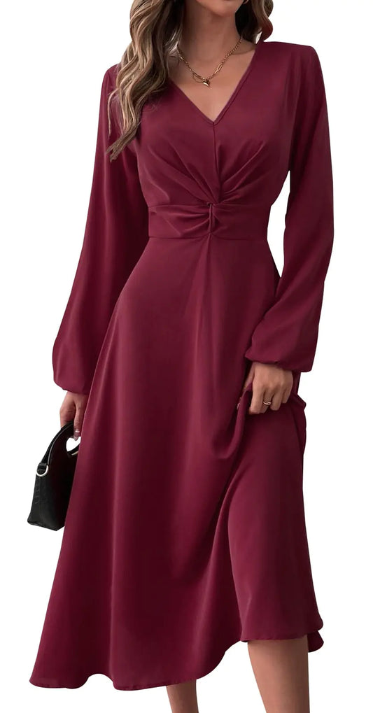 Twist Front Dresses for Women Lantern Sleeve V Neck Casual Cocktail Party Midi Dress Burgundy