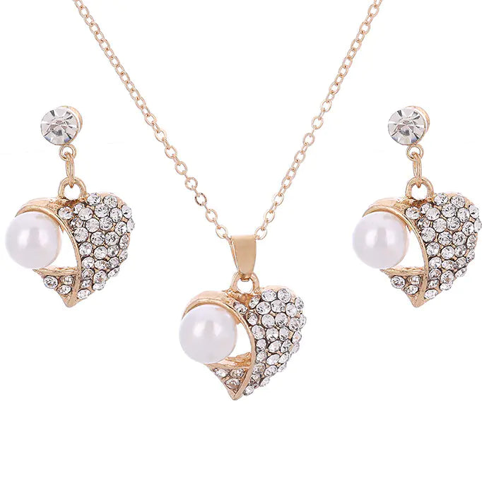 Heart Pearl Jewelry Set with Earrings and Necklace