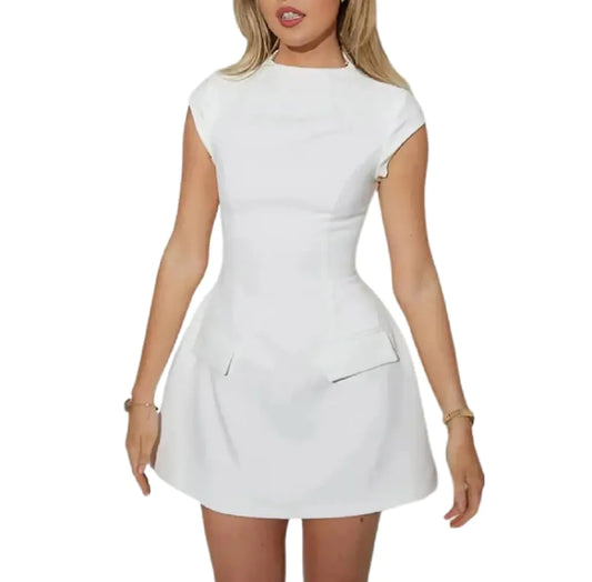 Suillty Womens Elegant Pockets Mini Dress Short Sleeve Mock Turtle Neck A Line Tank Short Dresses Bodycon for Party Cocktail White