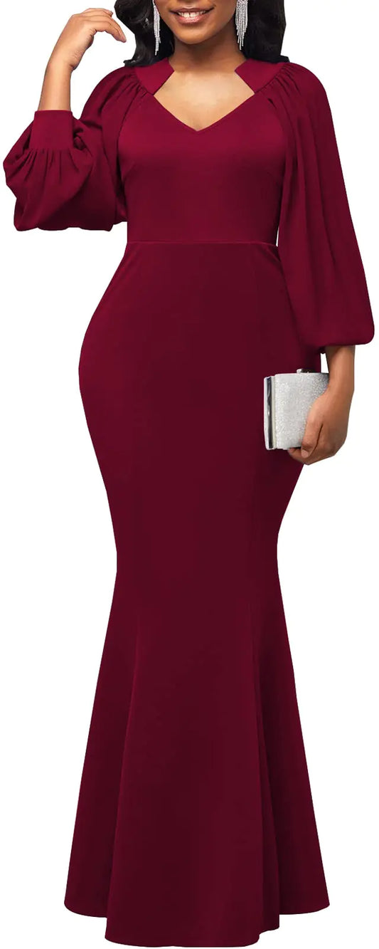 Sexy V Neck Lantern Sleeve Evening Gown for Women Elegant Formal Long Sleeve Mermaid Burgundy Maxi Dress with Zipper