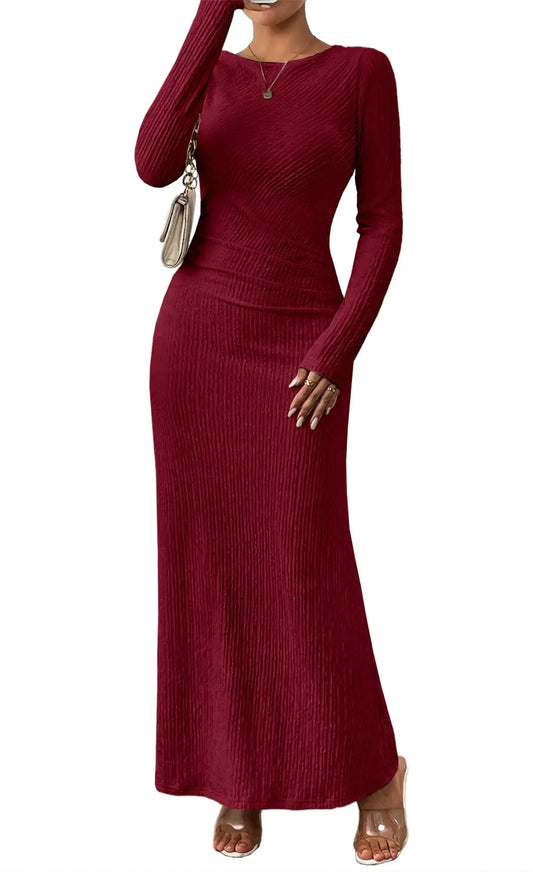 MITILLY Fall 2024 Womens Long Sleeve Maxi Dress Elegant Crewneck Bodycon Slim Fit Ruched Textured Formal Cocktail Dress Small Wine Red