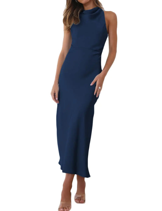 Halfisland Summer Satin High Neck Backless Sleeveless Midi Dresses for Women Elegant Mock Neck High Waist Cross Back Cocktail Dress Navy