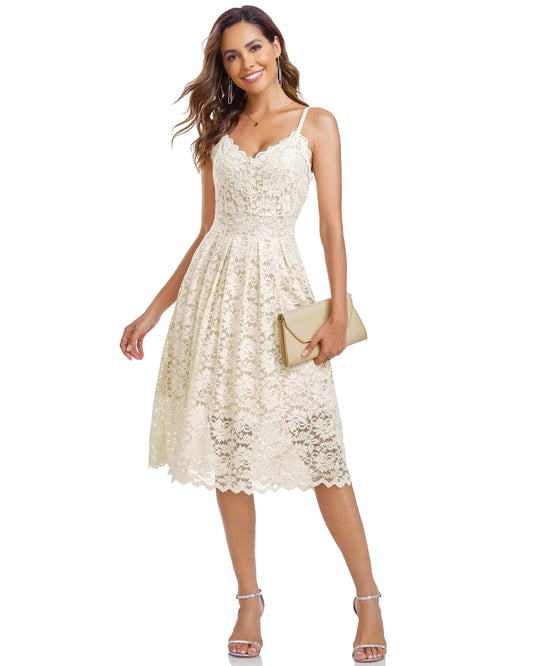 Atnlewhi Womens Spaghetti Strap V Neck Sleeveless A Line Lace Dresses for Evening Cocktail Formal Wedding Guest Apricot