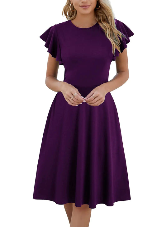 Semi Formal Dress for Petite Women Summer Elegant Ruffle Sleeves V-Back Work Cocktail A-Line Wedding Guest Dresses with Pockets 842 Purple M