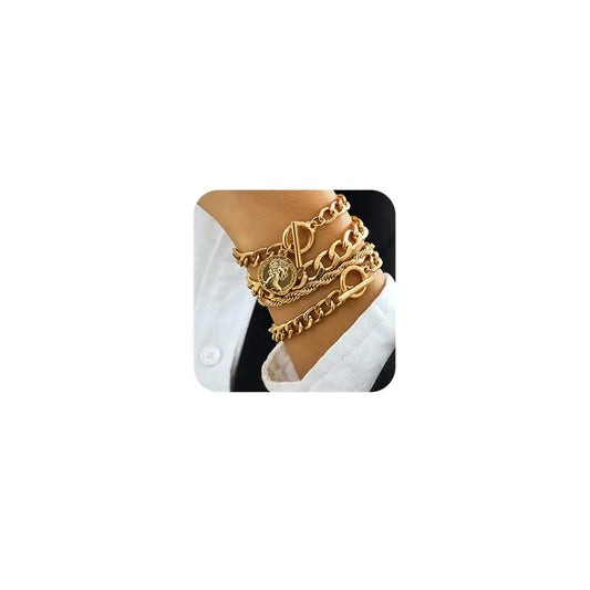 fxmimior Boho Fashion Dainty Simple Gold Silver Chain Stackable Bracelets Set for Women Adjustable Beaded Chunky Flat Cable Chain Punk Coin Bracelets Jewelry for Women Gift Set of 4(Gold)