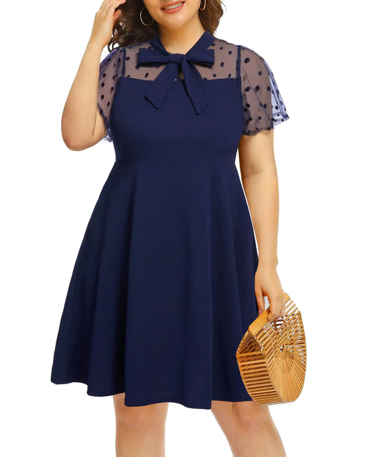 Pinup Fashion Plus Size Navy Blue Dresses Graduation Casual Work Sheer Short Sleeve Office Homecoming Elegant Summer Tie Front Dress