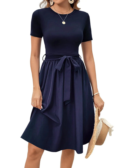 Work Dress for Petite Womens Summer Elegant Vintage Round Neck Short Sleeve Casual Party A-Line Dresses with Belt 809 Navy Blue M