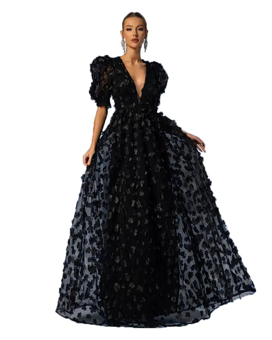 Womens Floral Tulle A Line Puffy Sleeve Prom Dresses Elegant V Neck Formal Evening Party Gowns Black