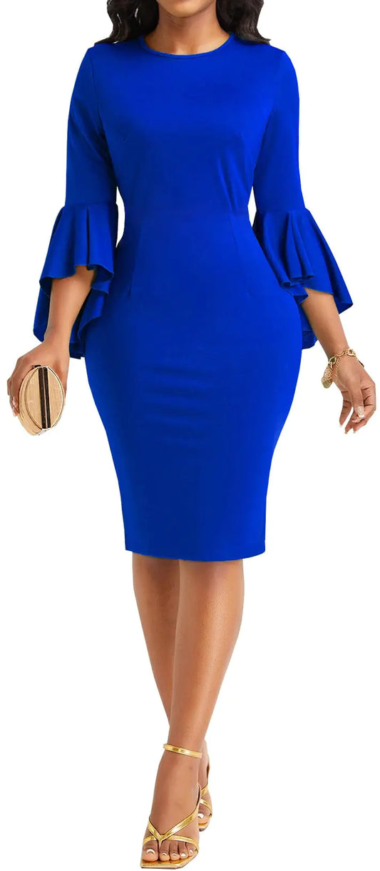 MOJICK Dress for Women Bodycon Crew Neck Long Ruffle Bell Sleeve Elegant Cocktail Blue Pencil Dresses for Party with Zipper
