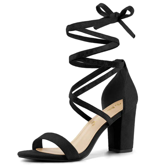 Allegra K Womens Strappy Chunky High Heels Lace Up Black Heels Sandals - 8 M US
