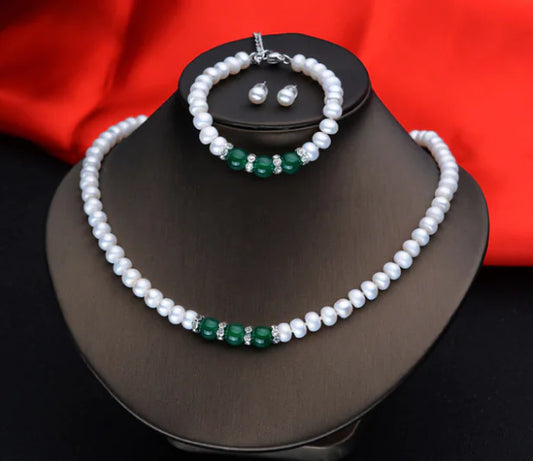 Agate Pearl Jewelry Set: Necklace, Bracelet, Ear Studs