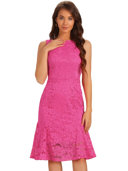 Allegra K Lace Dress for Womens Cocktail Boat Neck Sleeveless Evening Sheath Dresses X-Small Hot Pink